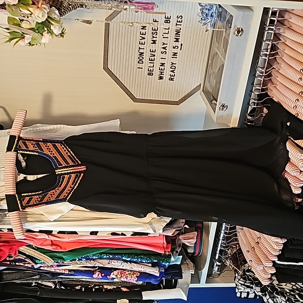 Black chiffon mini dress with embroidery detail